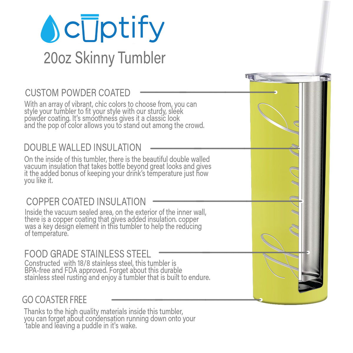 Personalized Engraved 20 oz Skinny 20oz Tumbler - Yellow Gloss