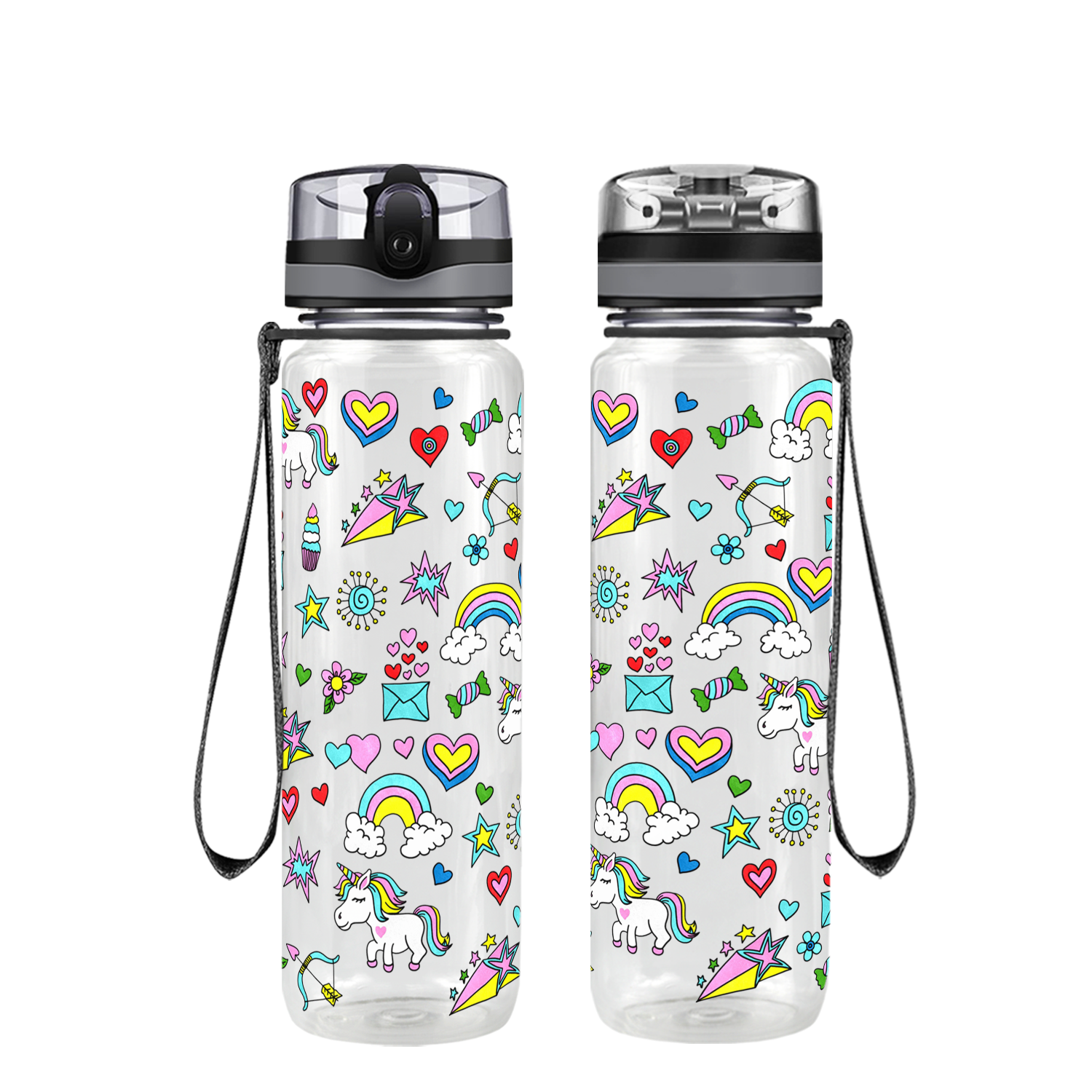Hearts Unicorns Rainbows on 20 oz Motivational Tracking Water Bottle
