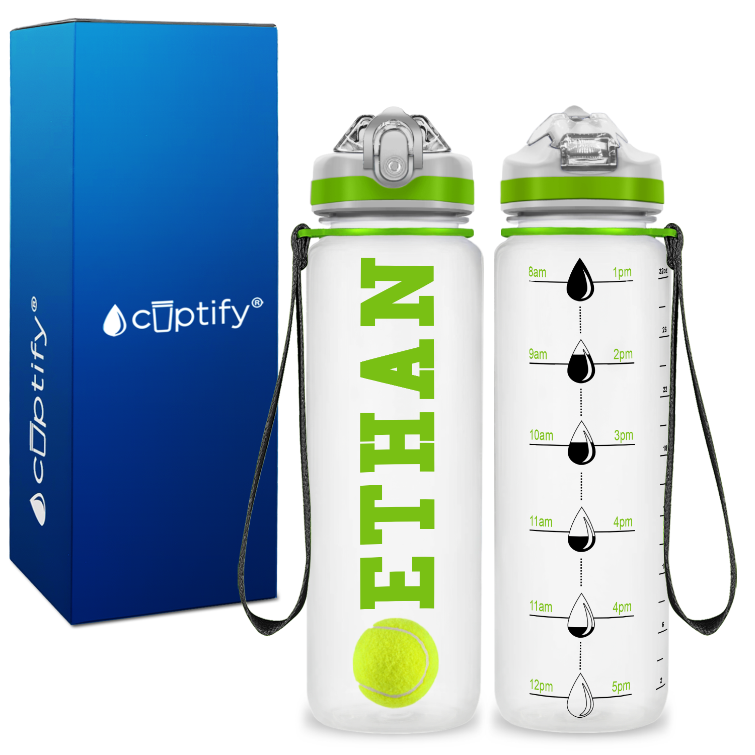 Personalized Tennis Ball on 20 oz Motivational Tracking Water Bottle