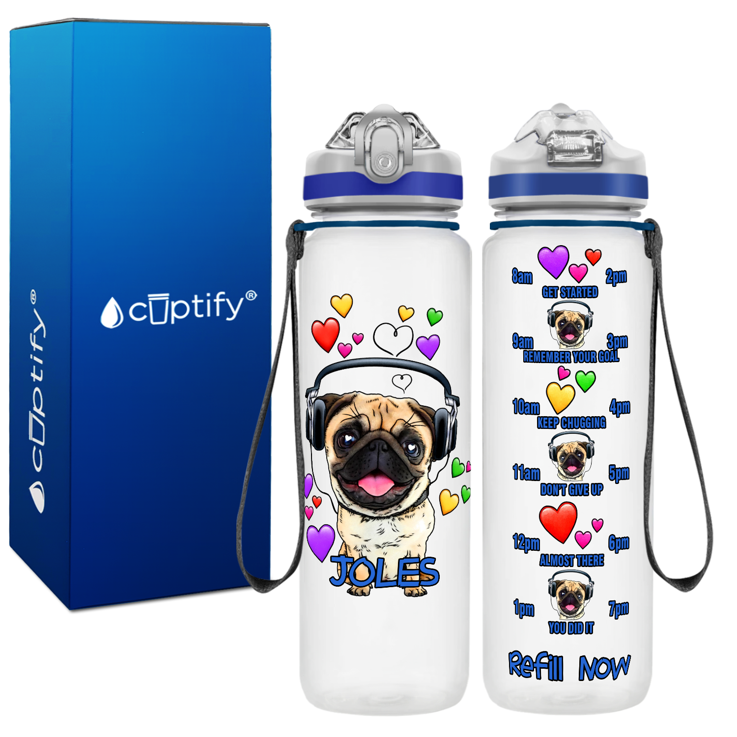 Cute Pug Hearts Personalized Kids Bottle
