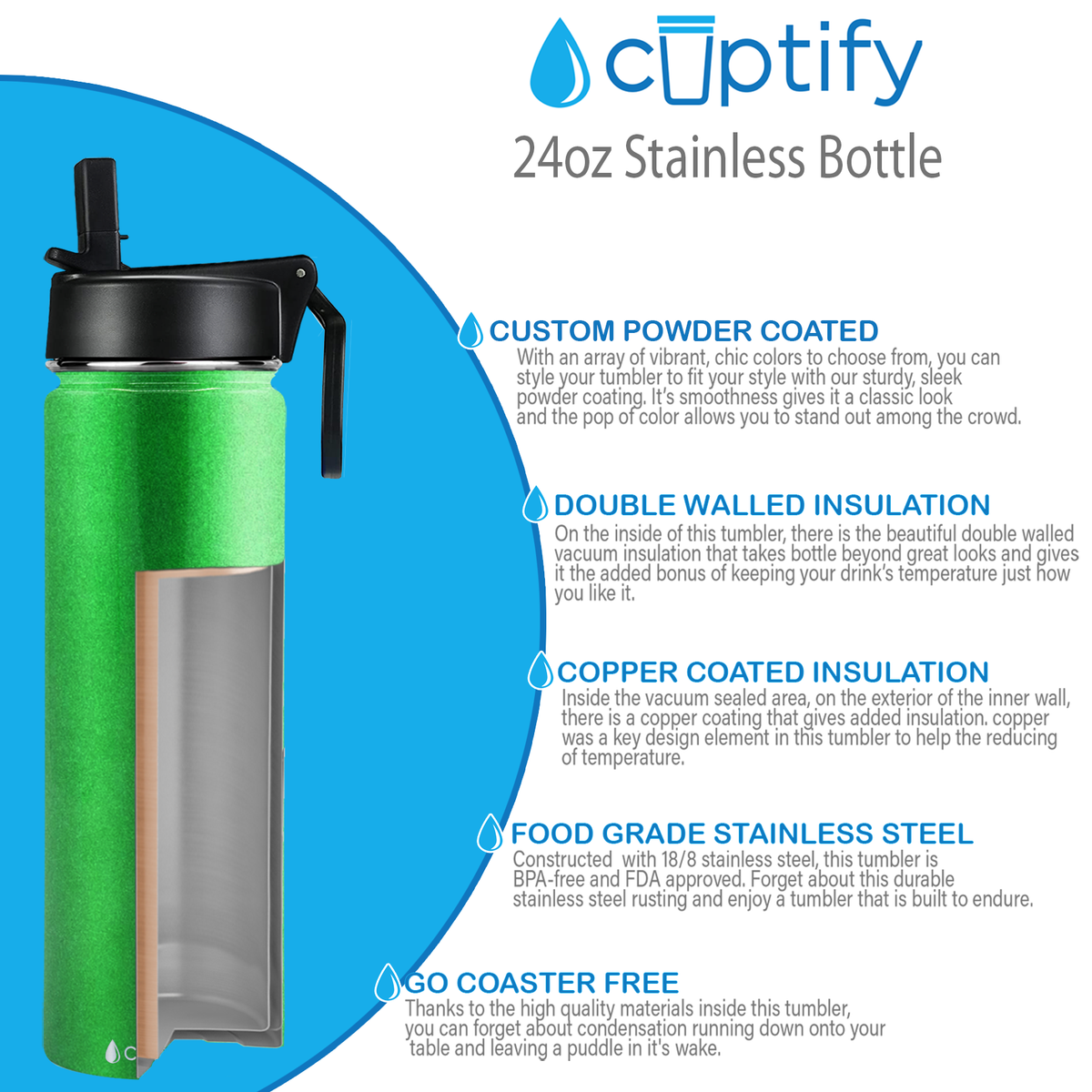 24oz Emerald Green Glitter Wide Mouth Water Bottle With Straw Lid