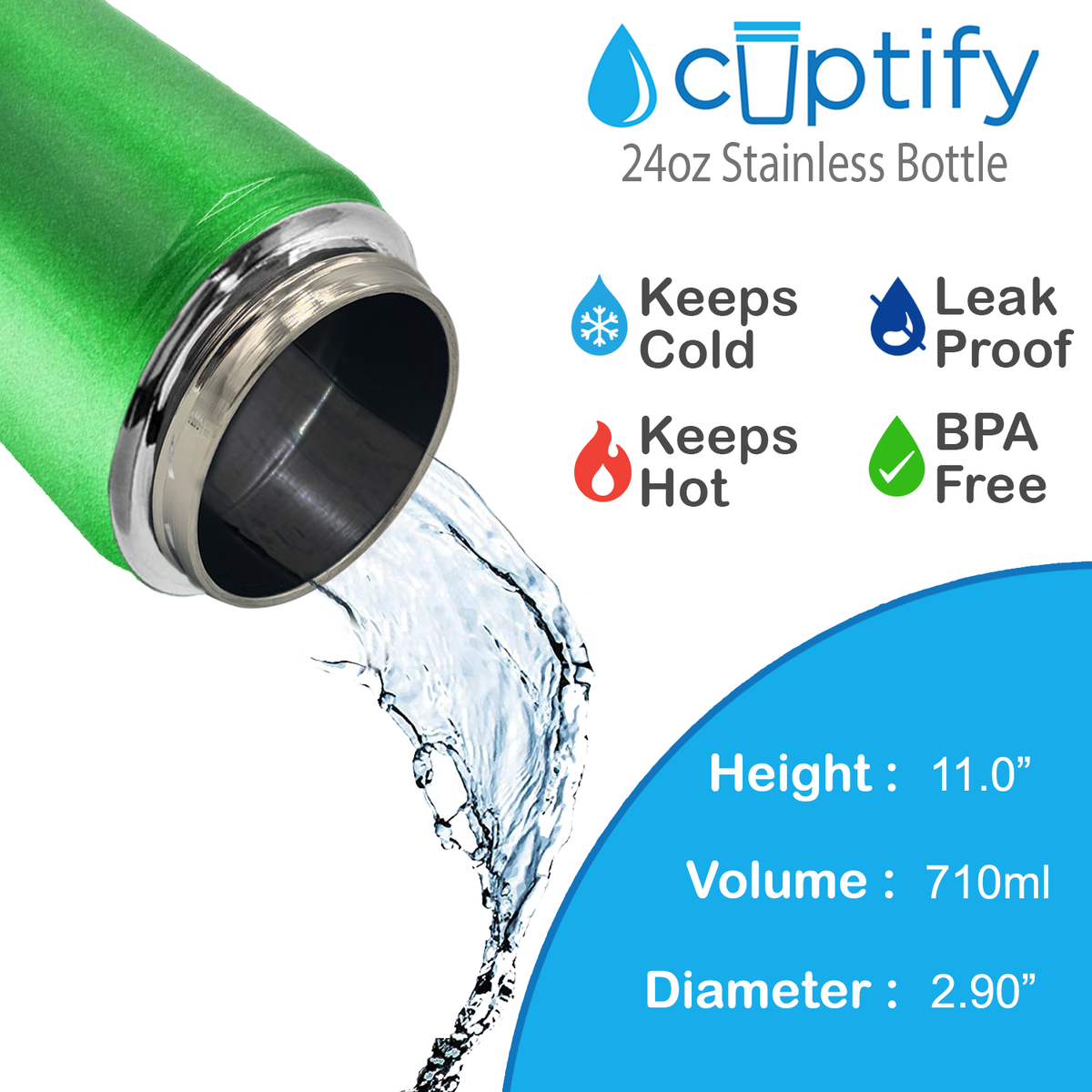 24oz Emerald Green Glitter Wide Mouth Water Bottle With Straw Lid