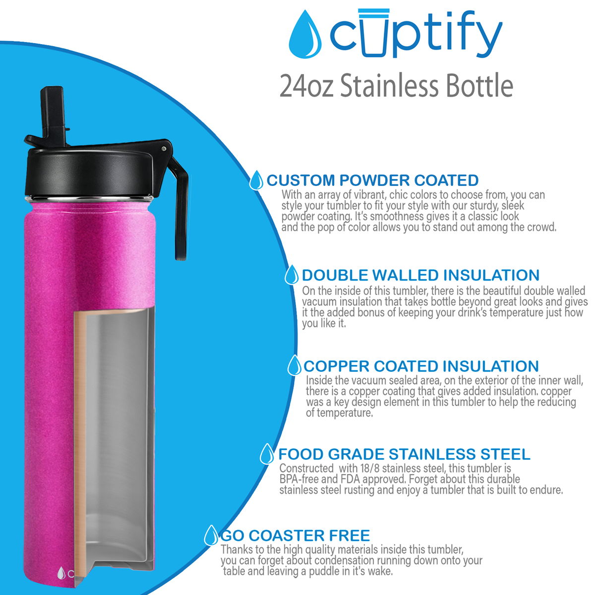 24oz Hot Pink Glitter Wide Mouth Water Bottle With Straw Lid