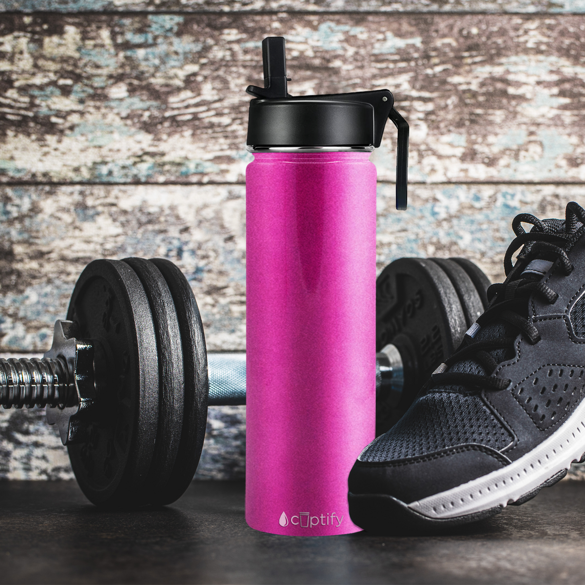 24oz Hot Pink Glitter Wide Mouth Water Bottle With Straw Lid