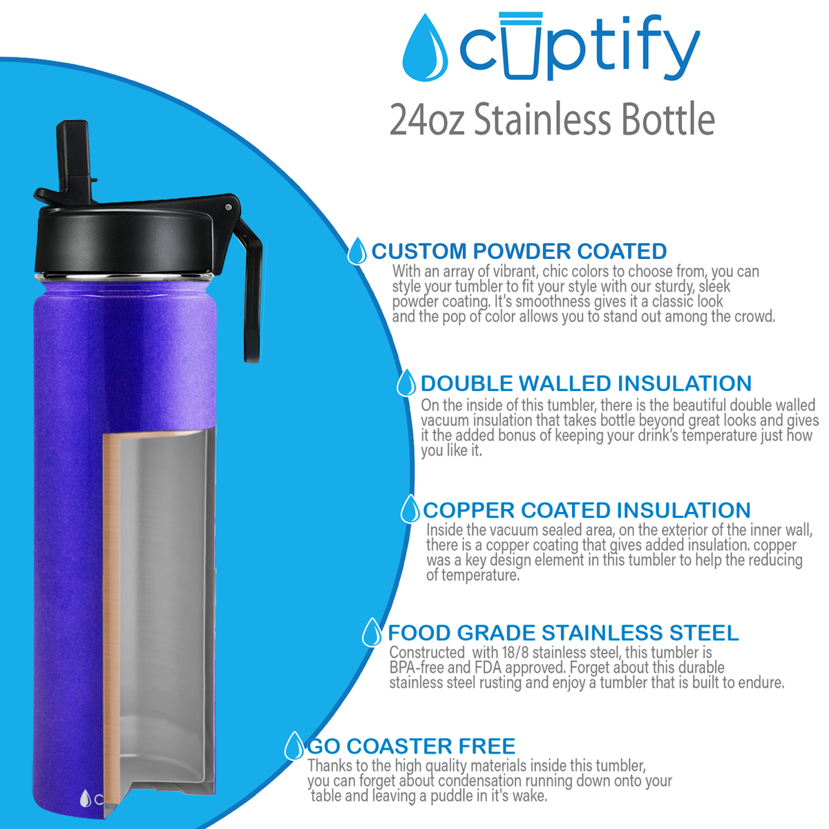 24oz Purple Glitter Wide Mouth Water Bottle With Straw Lid