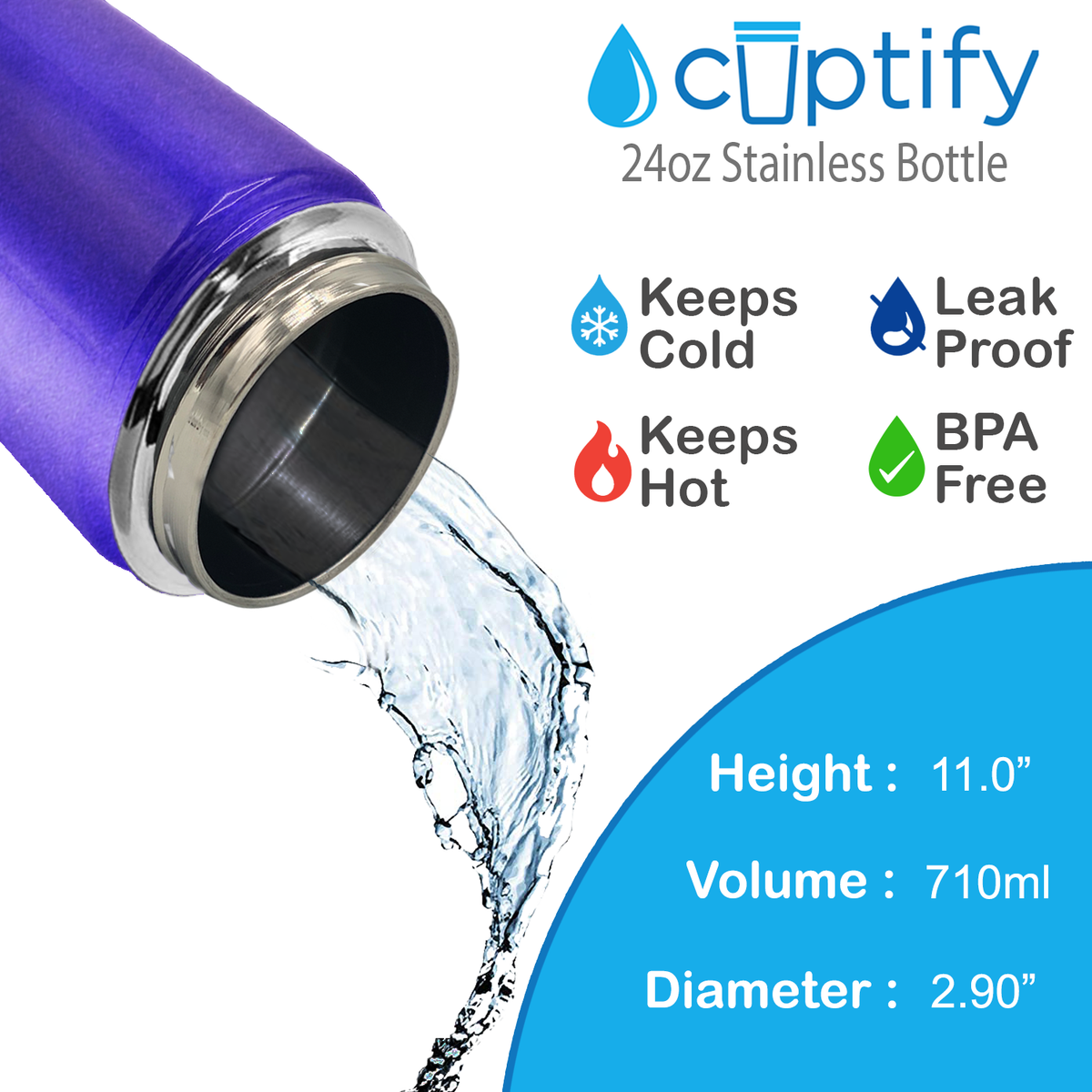 24oz Purple Glitter Wide Mouth Water Bottle With Straw Lid