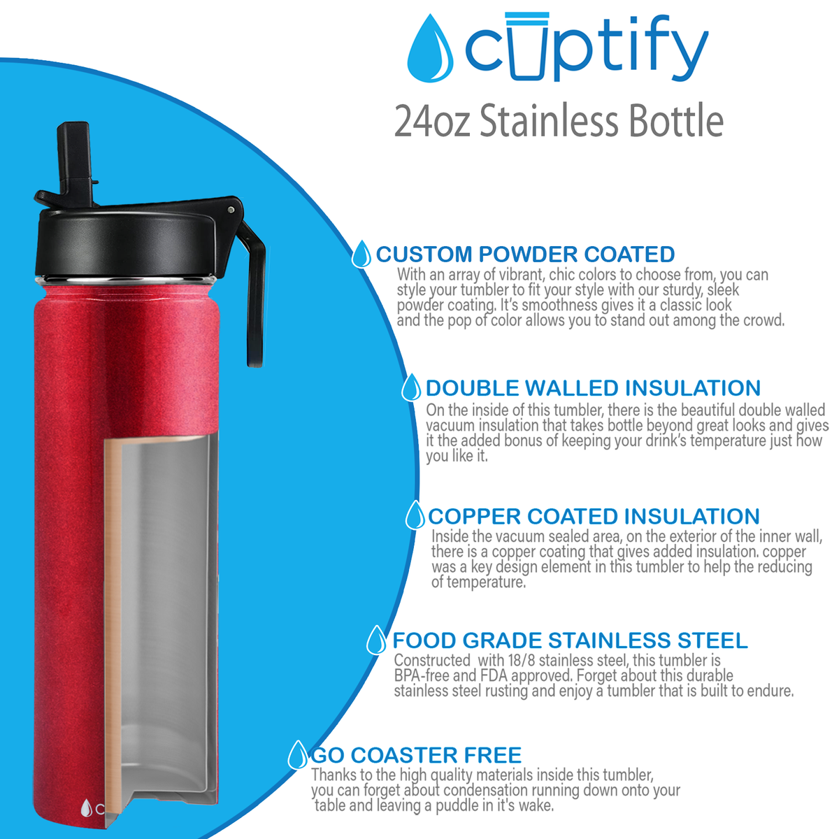 24oz Red Ruby Glitter Wide Mouth Water Bottle With Straw Lid