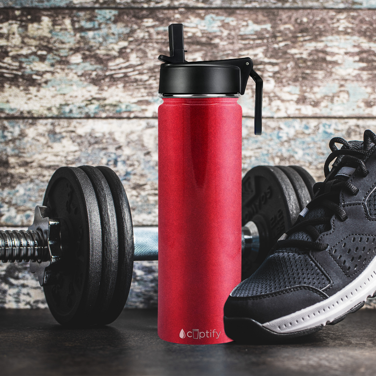 24oz Red Ruby Glitter Wide Mouth Water Bottle With Straw Lid