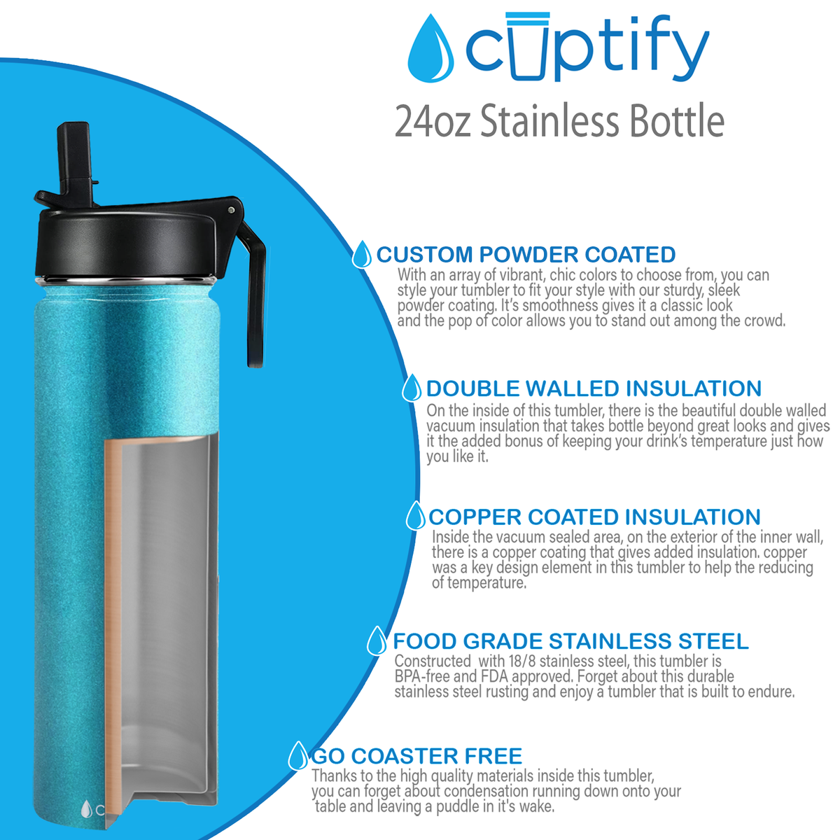 24oz Seafoam Glitter Wide Mouth Water Bottle With Straw Lid