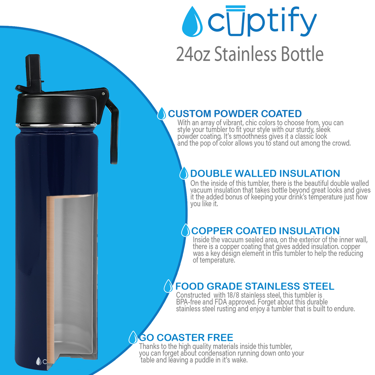 24oz Navy Blue Gloss Wide Mouth Water Bottle With Straw Lid