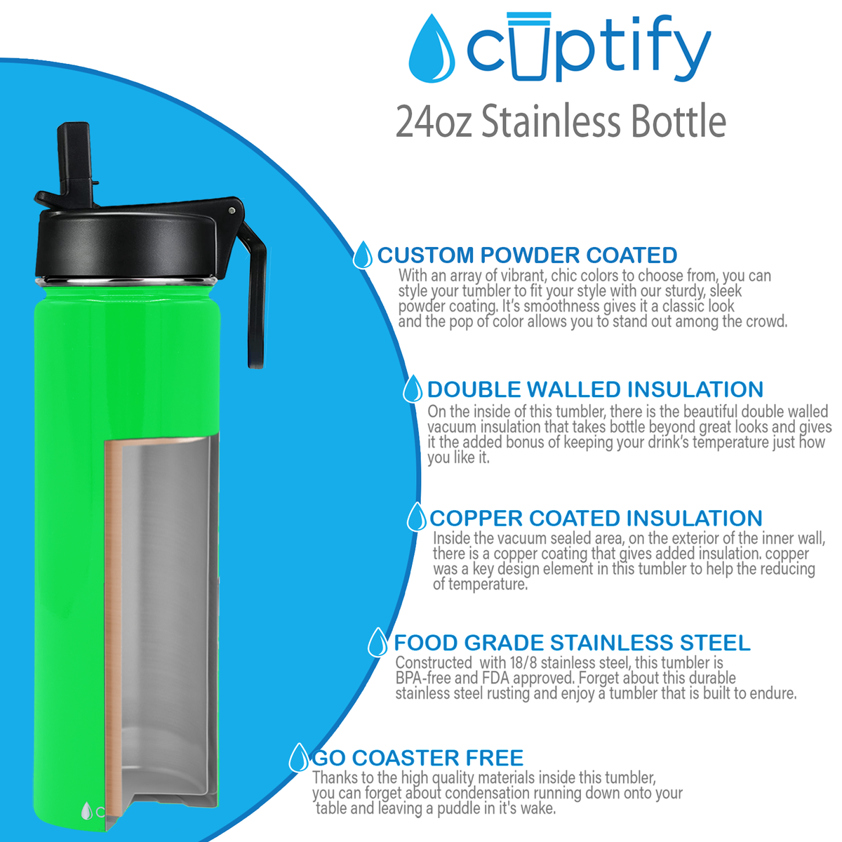 24oz Neon Green Gloss Wide Mouth Water Bottle With Straw Lid