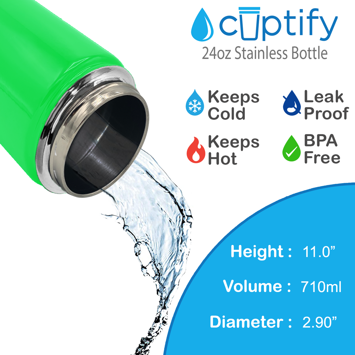 24oz Neon Green Gloss Wide Mouth Water Bottle With Straw Lid