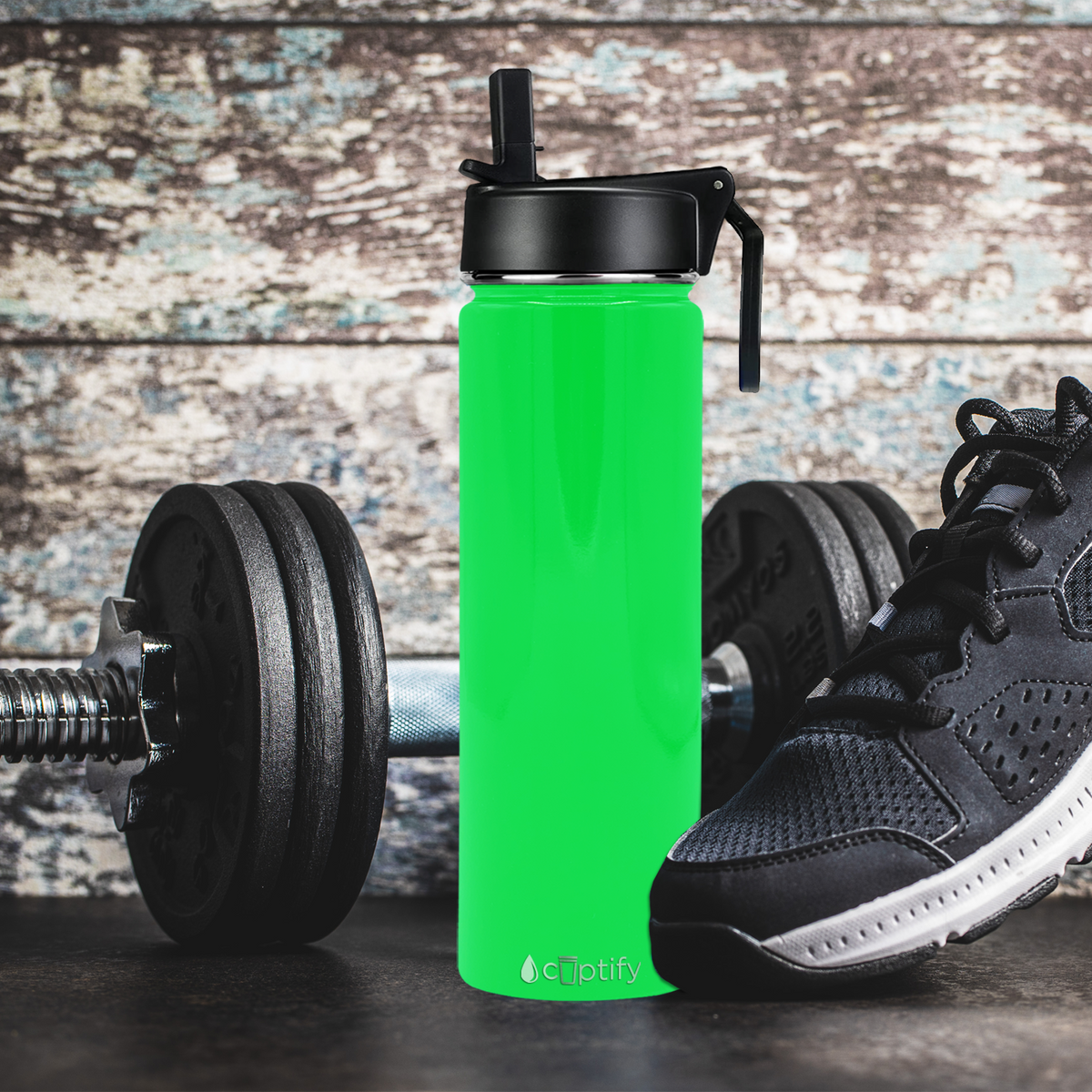 24oz Neon Green Gloss Wide Mouth Water Bottle With Straw Lid