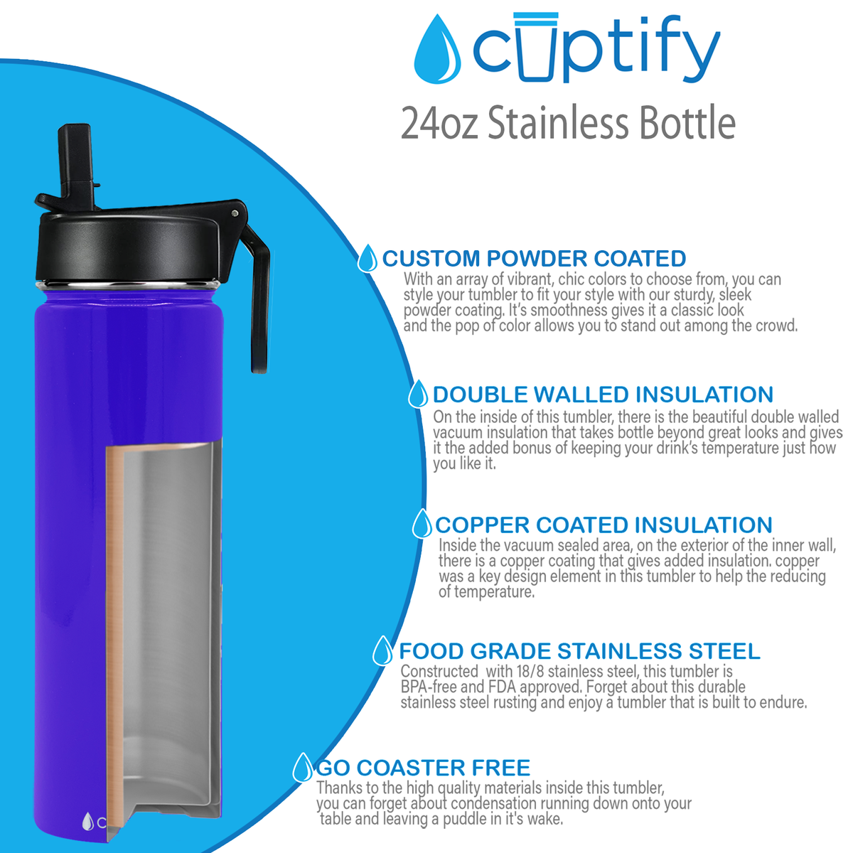 24oz Purple Gloss Wide Mouth Water Bottle With Straw Lid