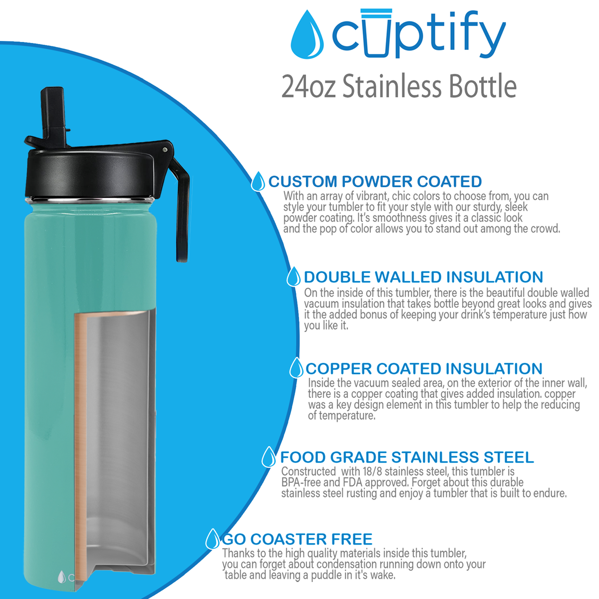 24oz Seafoam Gloss Wide Mouth Water Bottle With Straw Lid