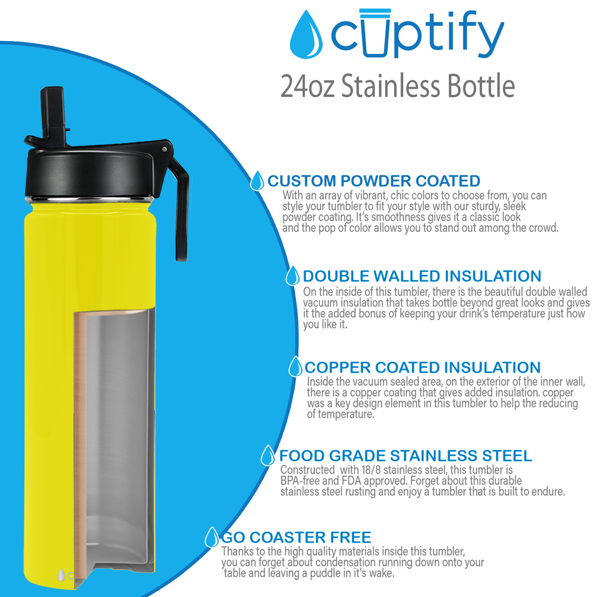 24oz Yellow Gloss Wide Mouth Water Bottle With Straw Lid