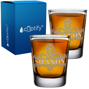 Personalized Fleur de Lis Etched 2oz Shot Glasses - Set of 2