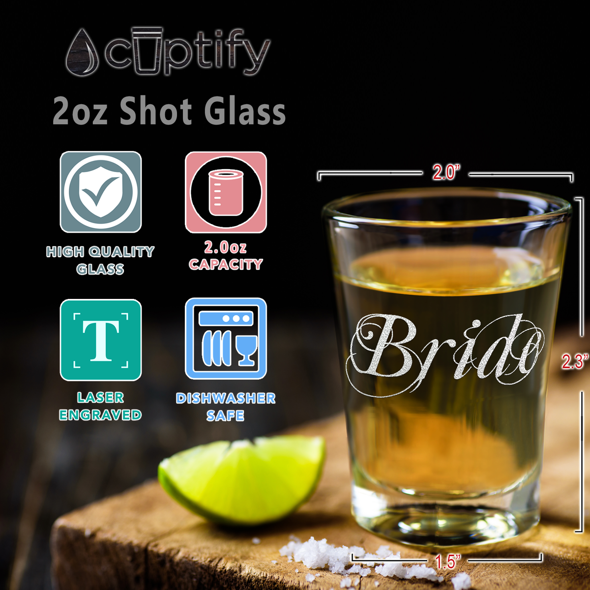  Bride Elegant Etched on 2oz Shot Glasses - Set of 2