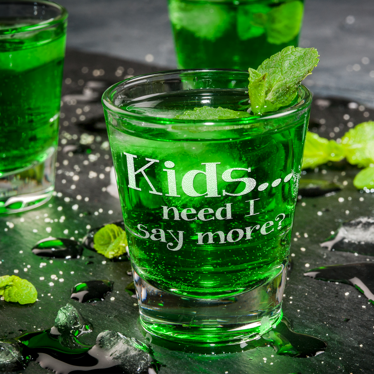  Kids... Need I Say More? Etched on 2oz Shot Glasses - Set of 2