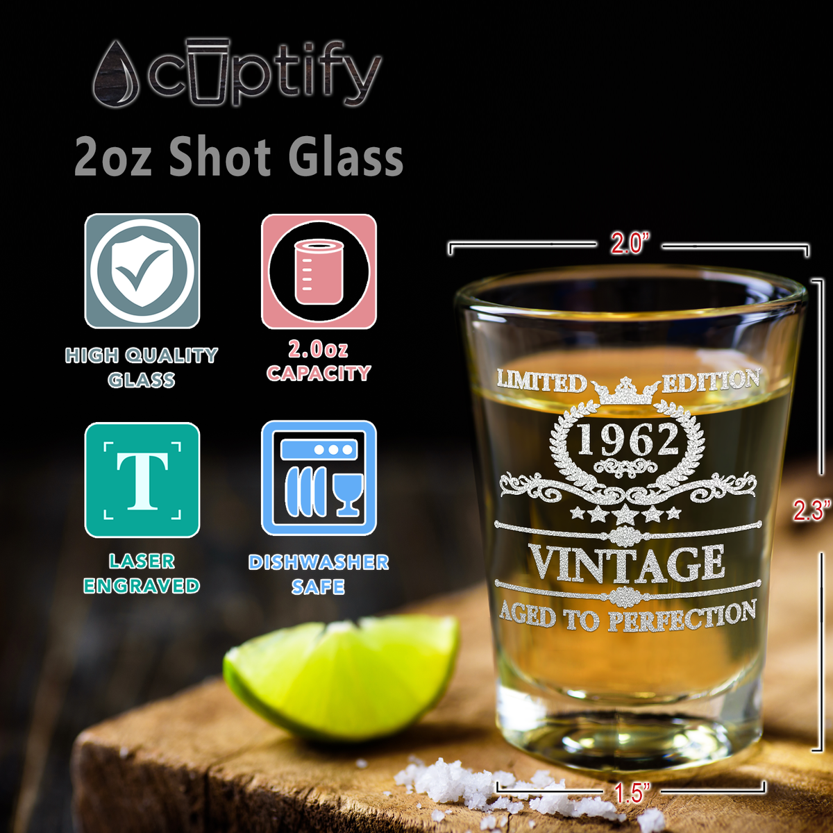 59th Birthday Vintage 59 Years Old Established 1962 Laser Engraved on 2oz Shot Glasses - Set of 2