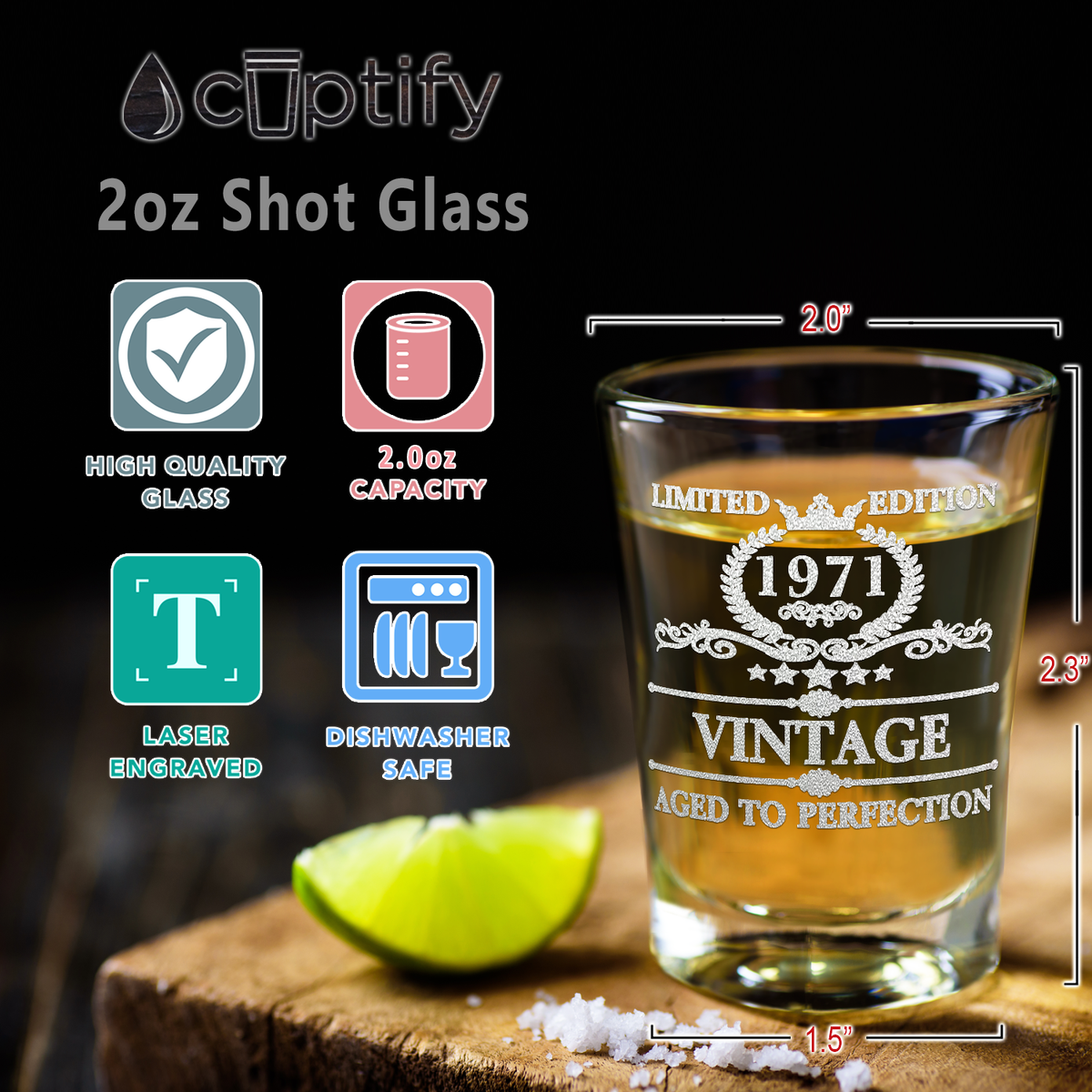 50th Birthday Vintage 50 Years Old Established 1971 Laser Engraved on 2oz Shot Glasses - Set of 2