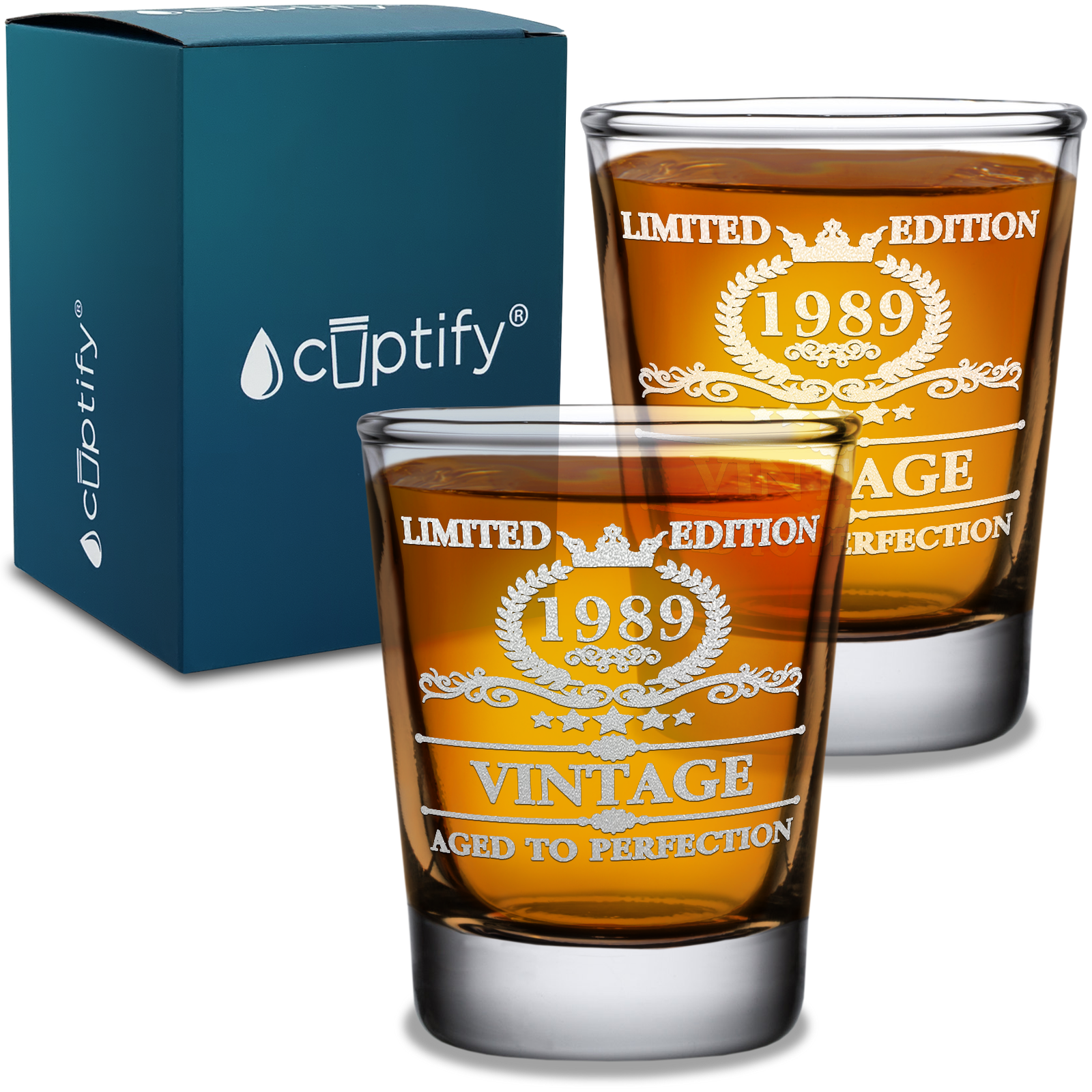 32nd Birthday Vintage 32 Years Old Established 1989 Laser Engraved on 2oz Shot Glasses - Set of 2