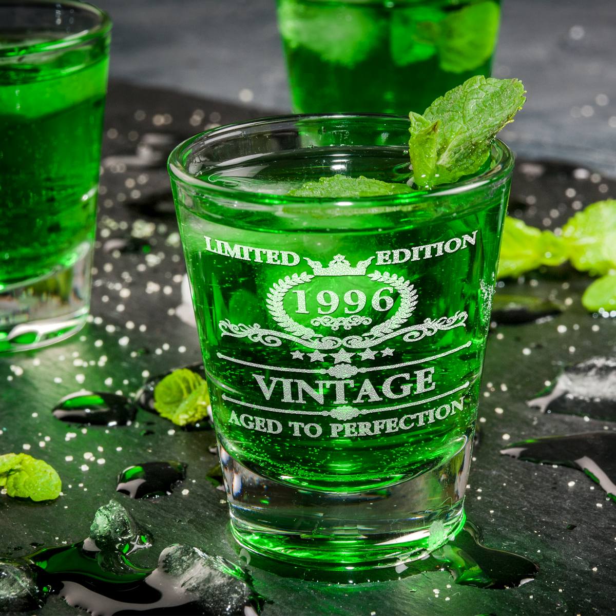 25th Birthday Vintage 25 Years Old Established 1996 Laser Engraved on 2oz Shot Glasses - Set of 2