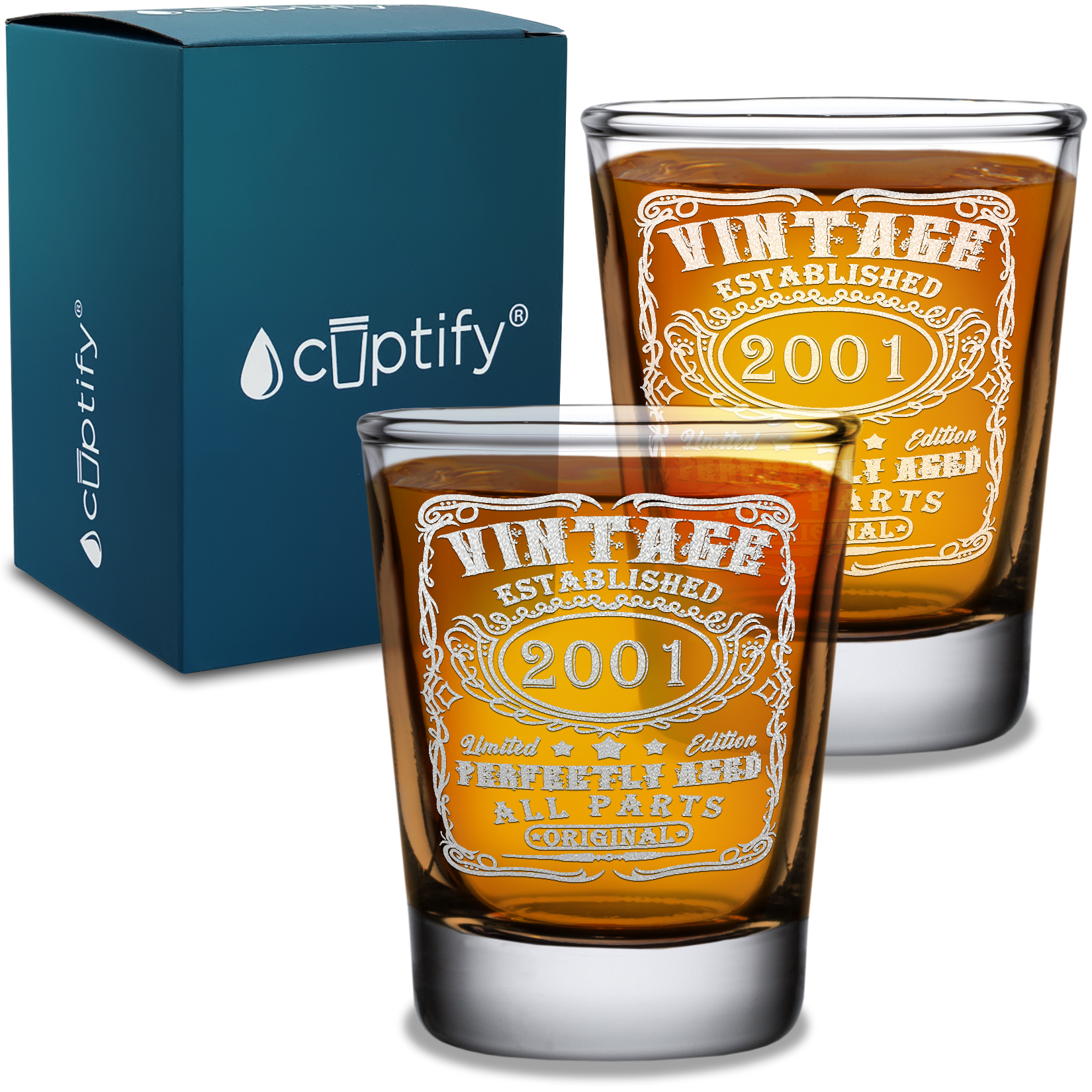 20th Birthday Gift Vintage Established 2001 Laser Engraved on 2oz Shot Glasses - Set of 2