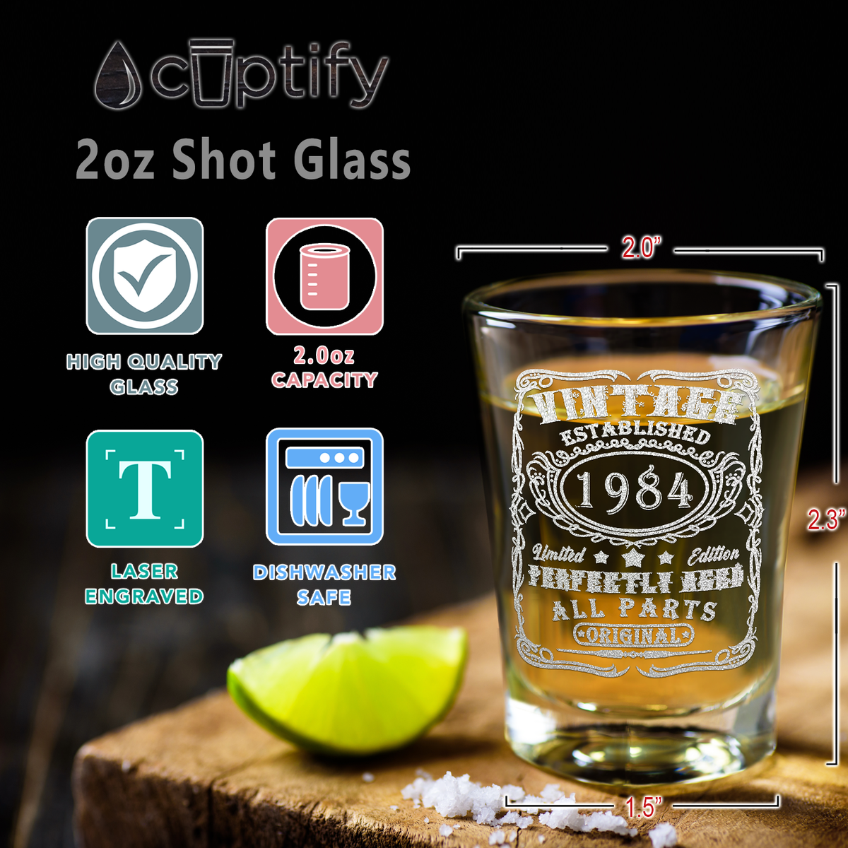 37th Birthday Gift Vintage Established 1984 Laser Engraved on 2oz Shot Glasses - Set of 2