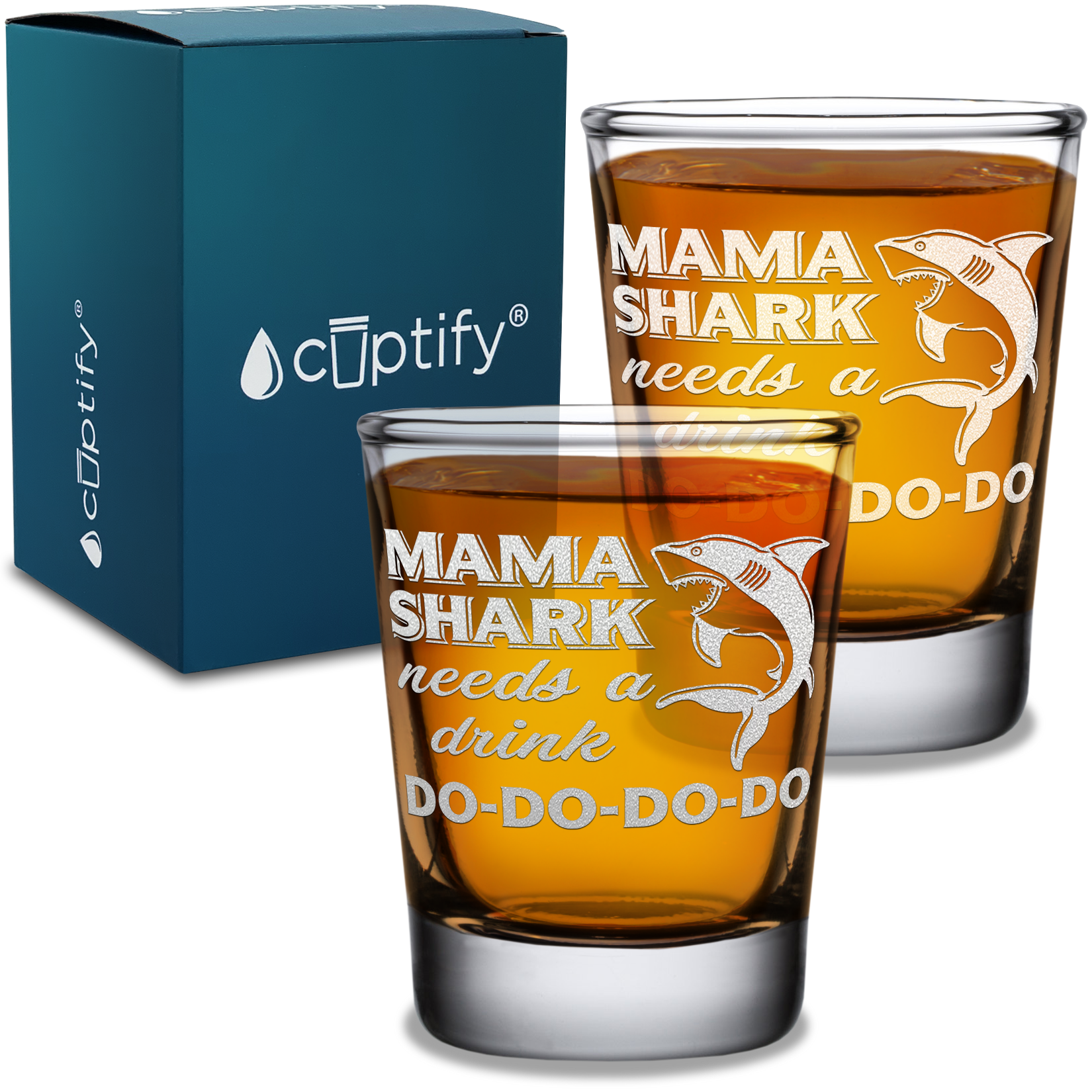  Mama Shark Needs A Drink Etched on 2oz Shot Glasses - Set of 2