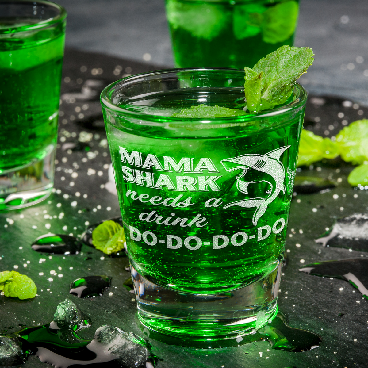  Mama Shark Needs A Drink Etched on 2oz Shot Glasses - Set of 2
