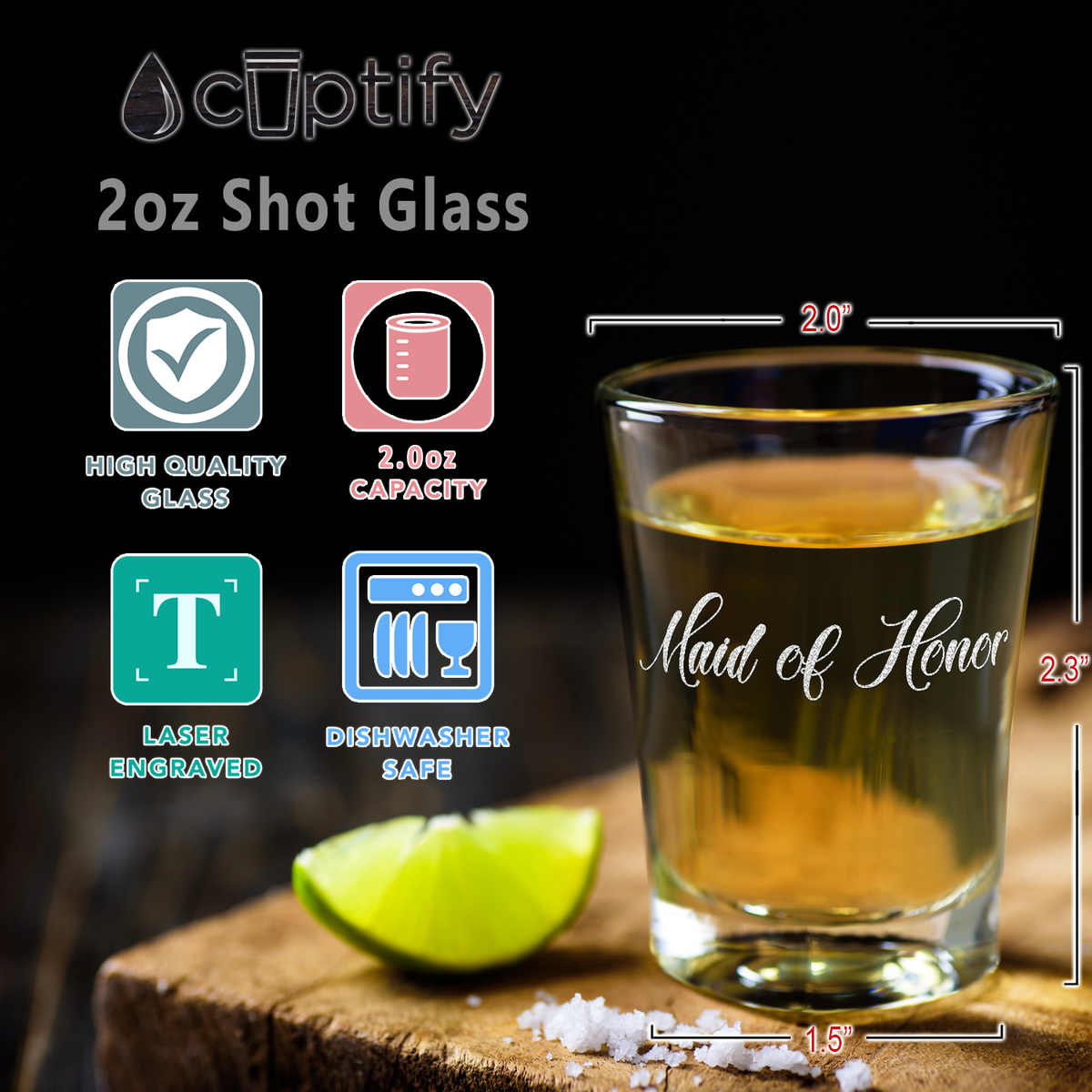  Maid Of Honor Etched on 2oz Shot Glasses - Set of 2