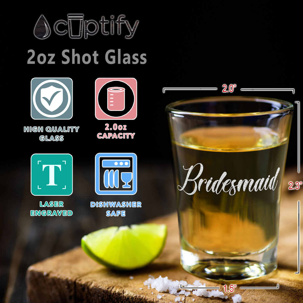  Bridesmaid Etched on 2oz Shot Glasses - Set of 2