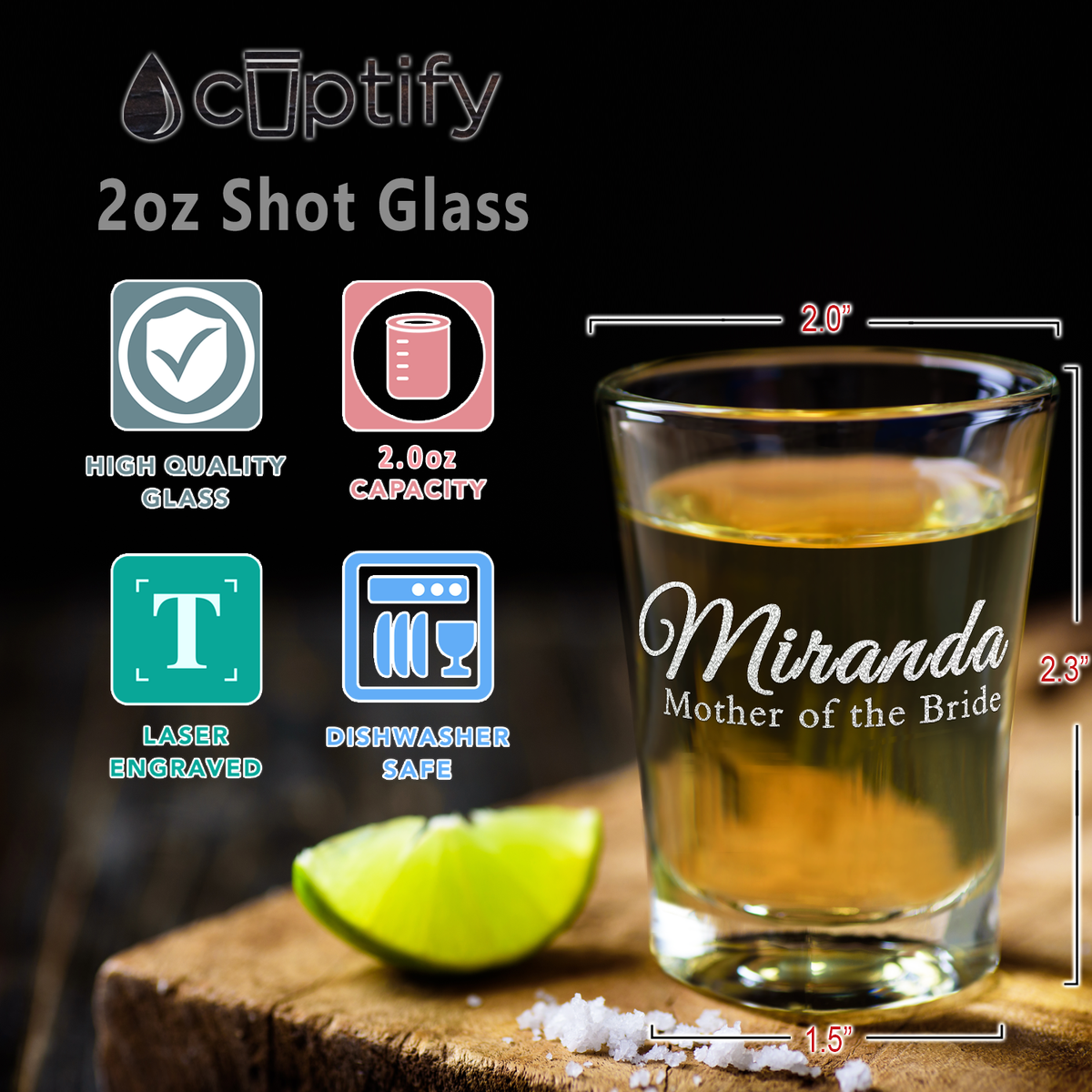  Personalized Mother of the Bride Etched on 2oz Shot Glasses - Set of 2