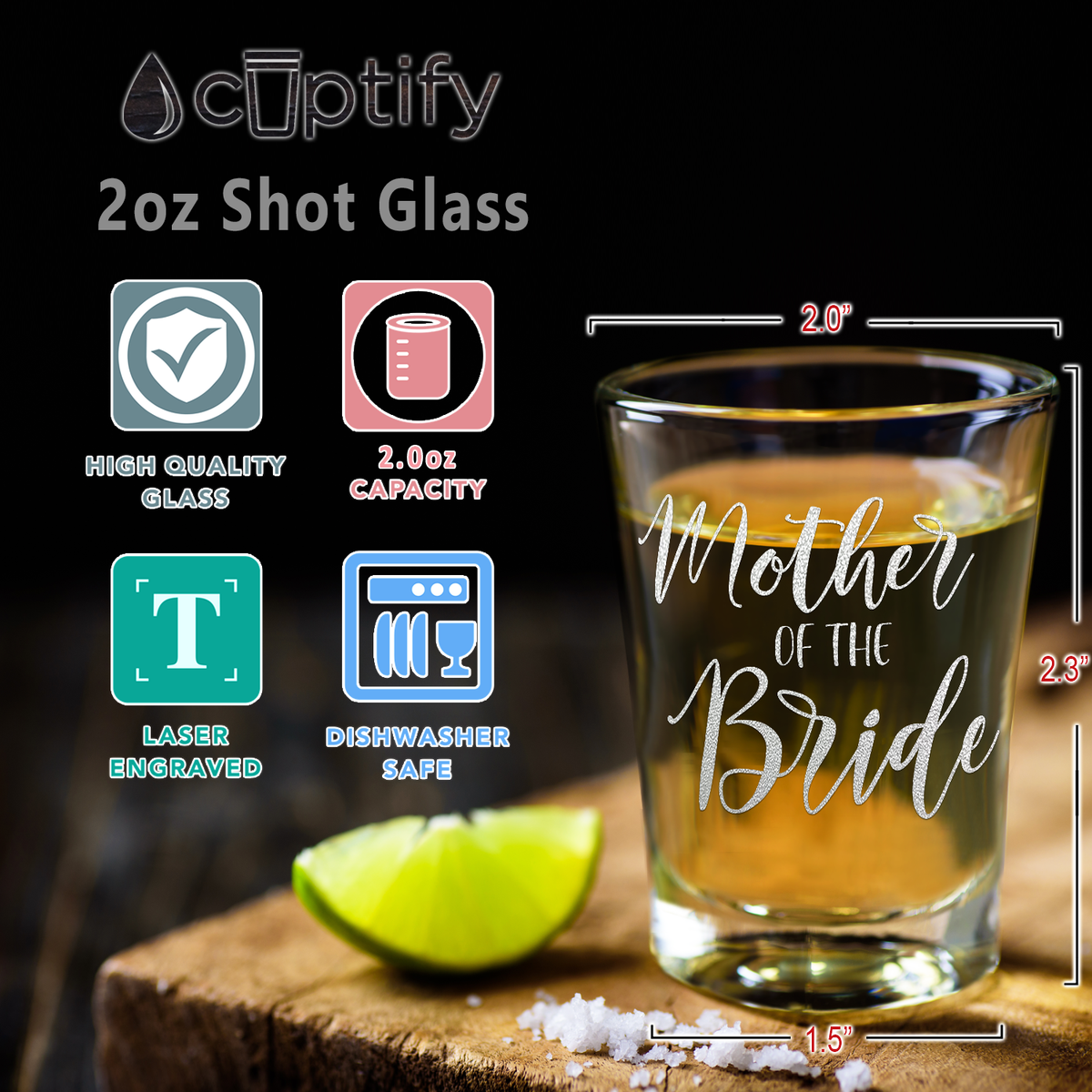  Mother of the Bride Etched on 2oz Shot Glasses - Set of 2