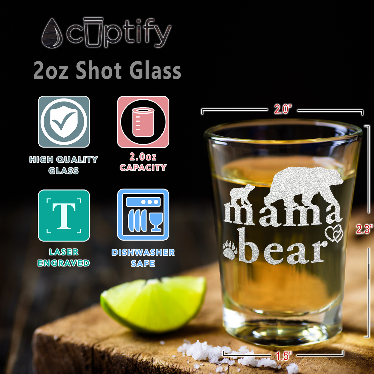  Mama Bear Etched on 2oz Shot Glasses - Set of 2