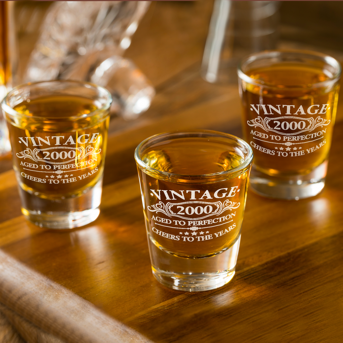 Vintage Aged To Perfection Cheers To 21 Years 2000 Laser Engraved on 2oz Shot Glasses - Set of 2