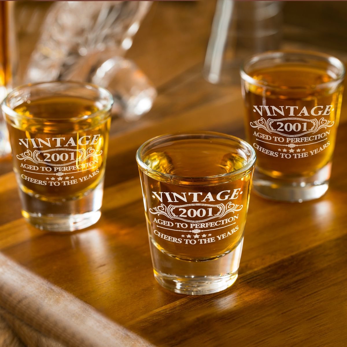 Vintage Aged To Perfection Cheers To 20 Years 2001 Laser Engraved on 2oz Shot Glasses - Set of 2