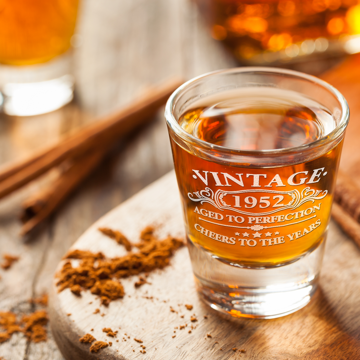 Vintage Aged To Perfection Cheers To 69 Years 1952 Laser Engraved on 2oz Shot Glasses - Set of 2