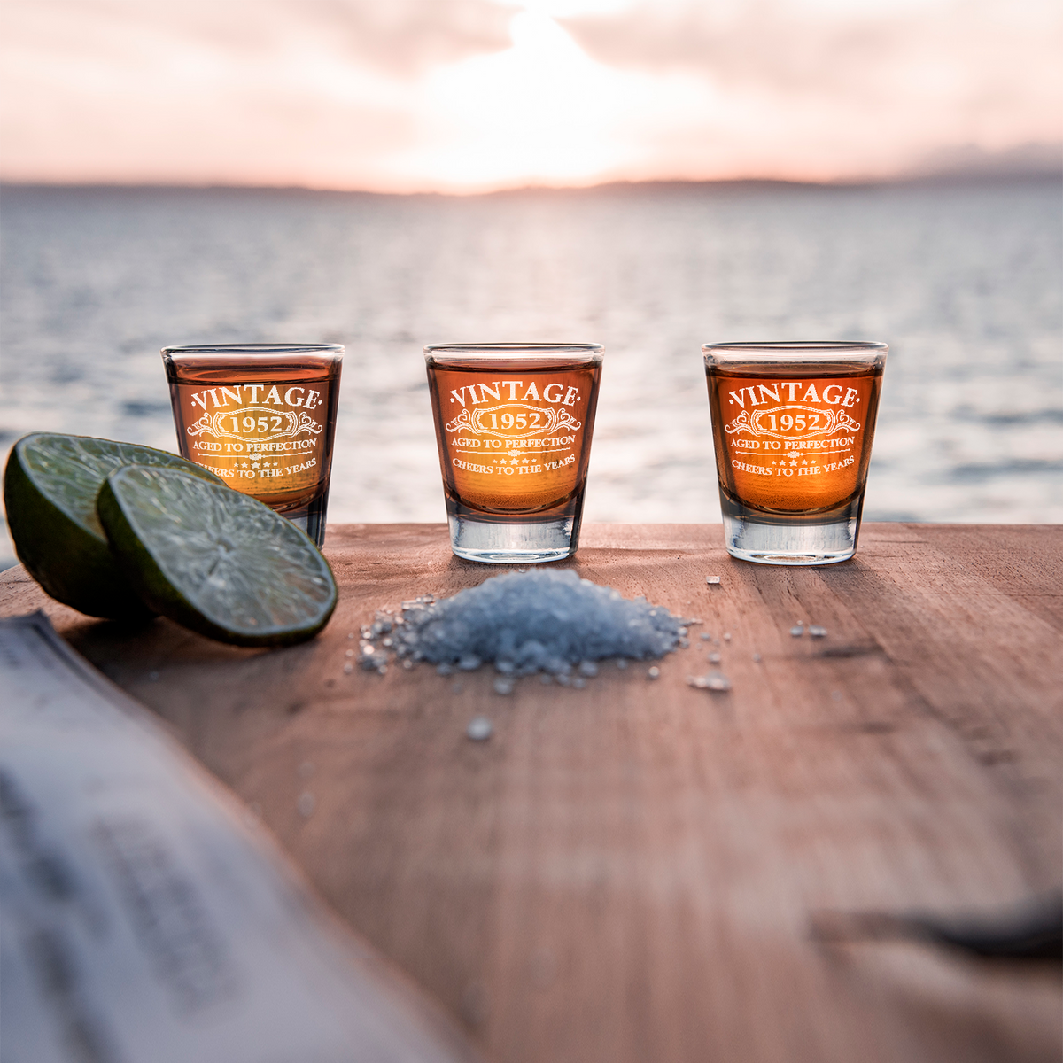 Vintage Aged To Perfection Cheers To 69 Years 1952 Laser Engraved on 2oz Shot Glasses - Set of 2