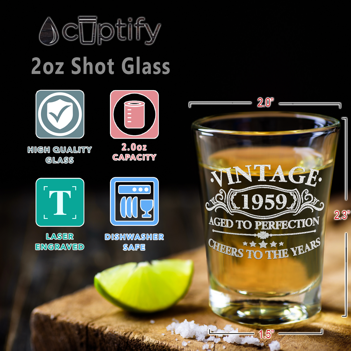 62nd Birthday Gift Vintage Aged To Perfection Cheers To 62 Years 1959 Laser Engraved on 2oz Shot Glasses - Set of 2