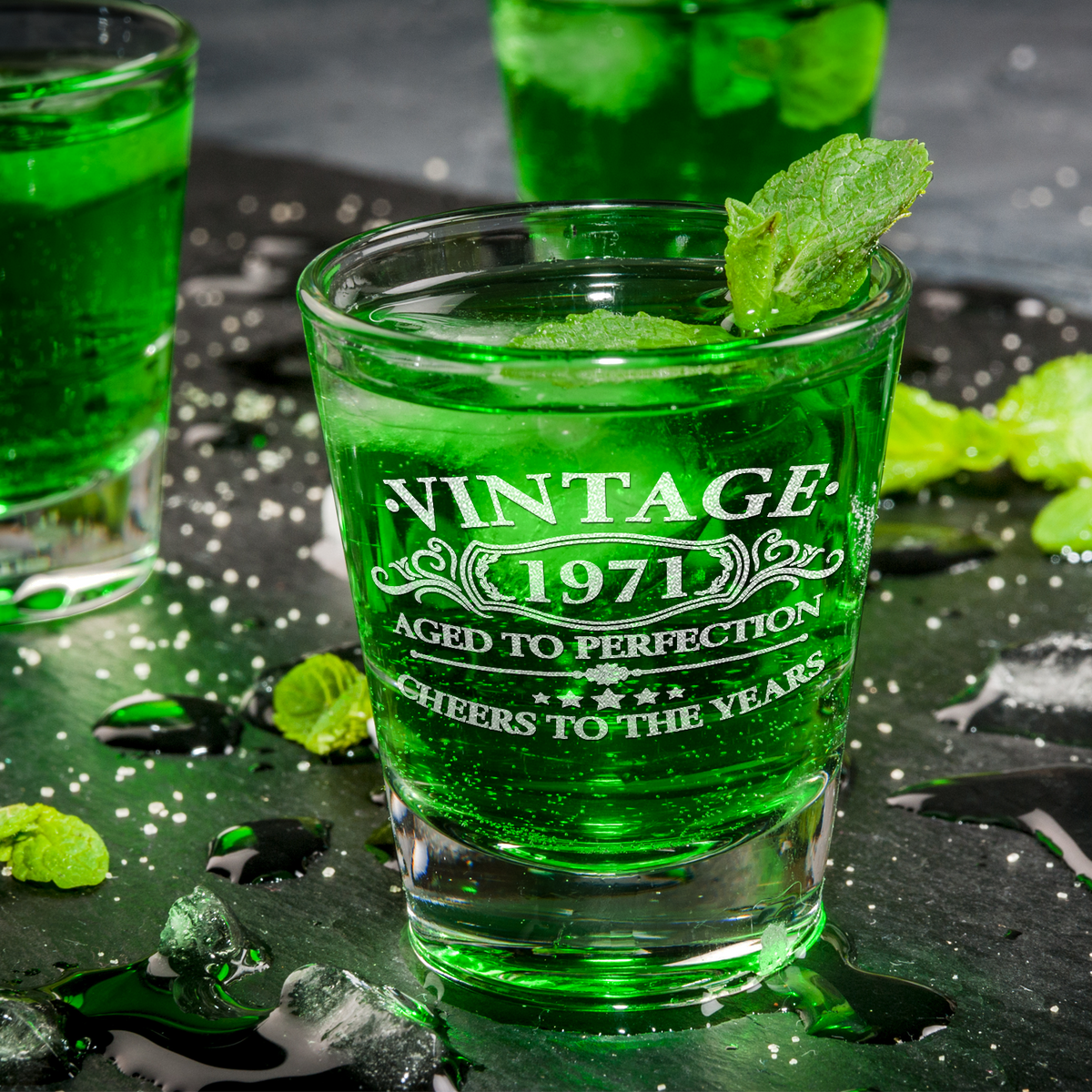 Vintage Aged To Perfection Cheers To 50 Years 1971 Laser Engraved on 2oz Shot Glasses - Set of 2