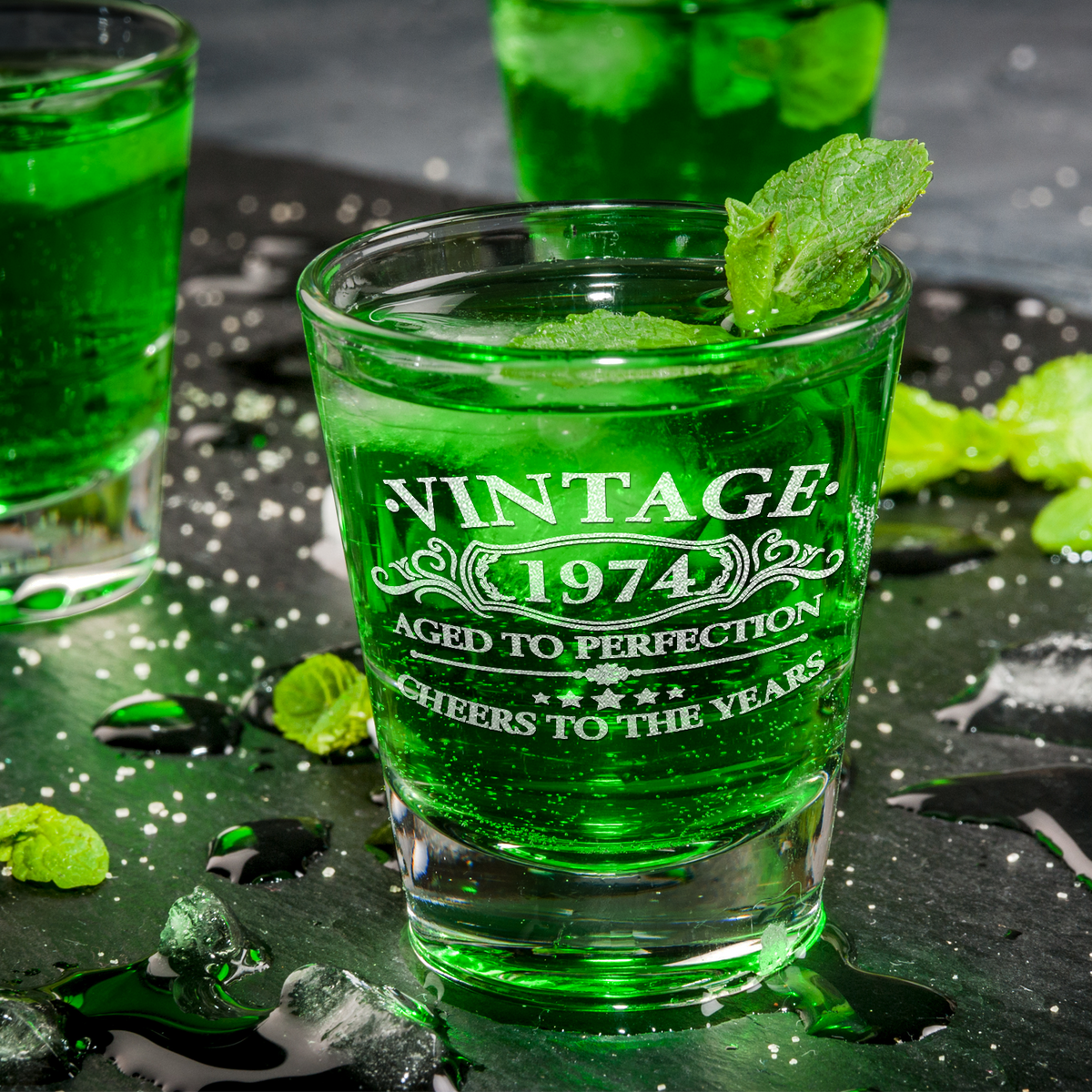 Vintage Aged To Perfection Cheers To 47 Years 1974 Laser Engraved on 2oz Shot Glasses - Set of 2