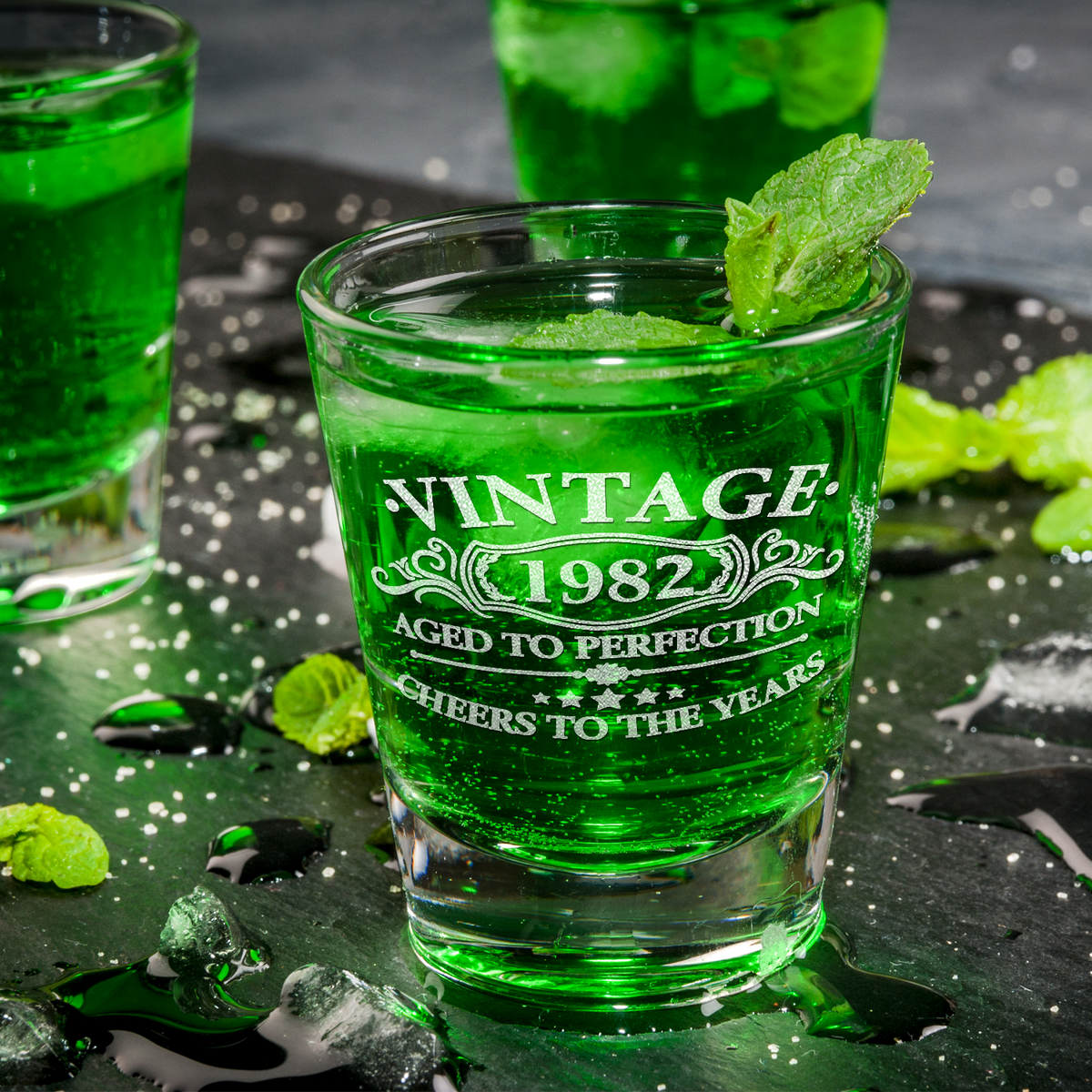 Vintage Aged To Perfection Cheers To 39 Years 1982 Laser Engraved on 2oz Shot Glasses - Set of 2