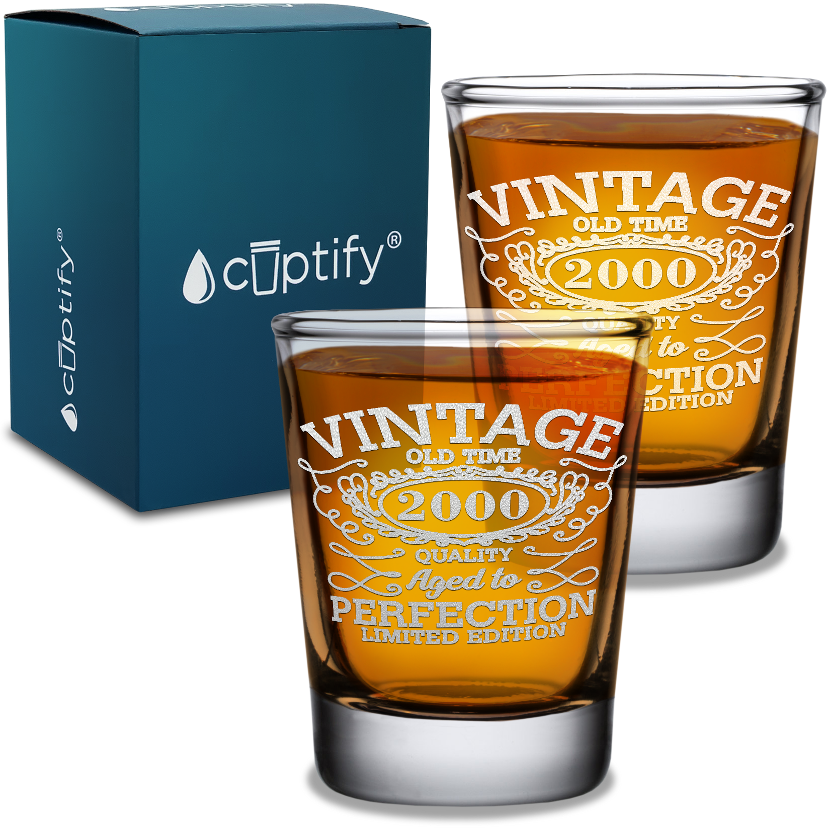 21st Birthday Vintage 21 Years Old Time 2000 Quality Laser Engraved 2oz Shot Glasses - Set of 2