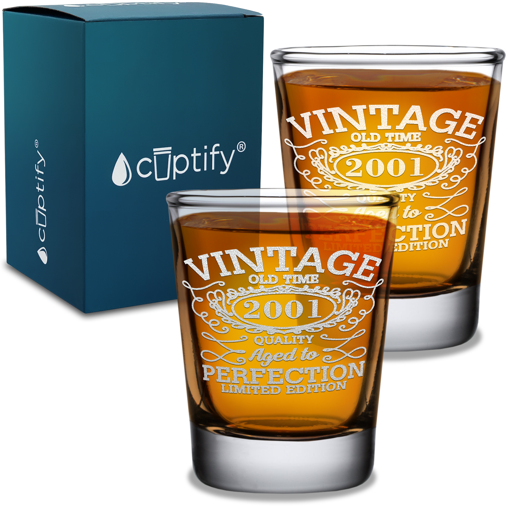 20th Birthday Vintage 20 Years Old Time 2001 Quality Laser Engraved 2oz Shot Glasses - Set of 2
