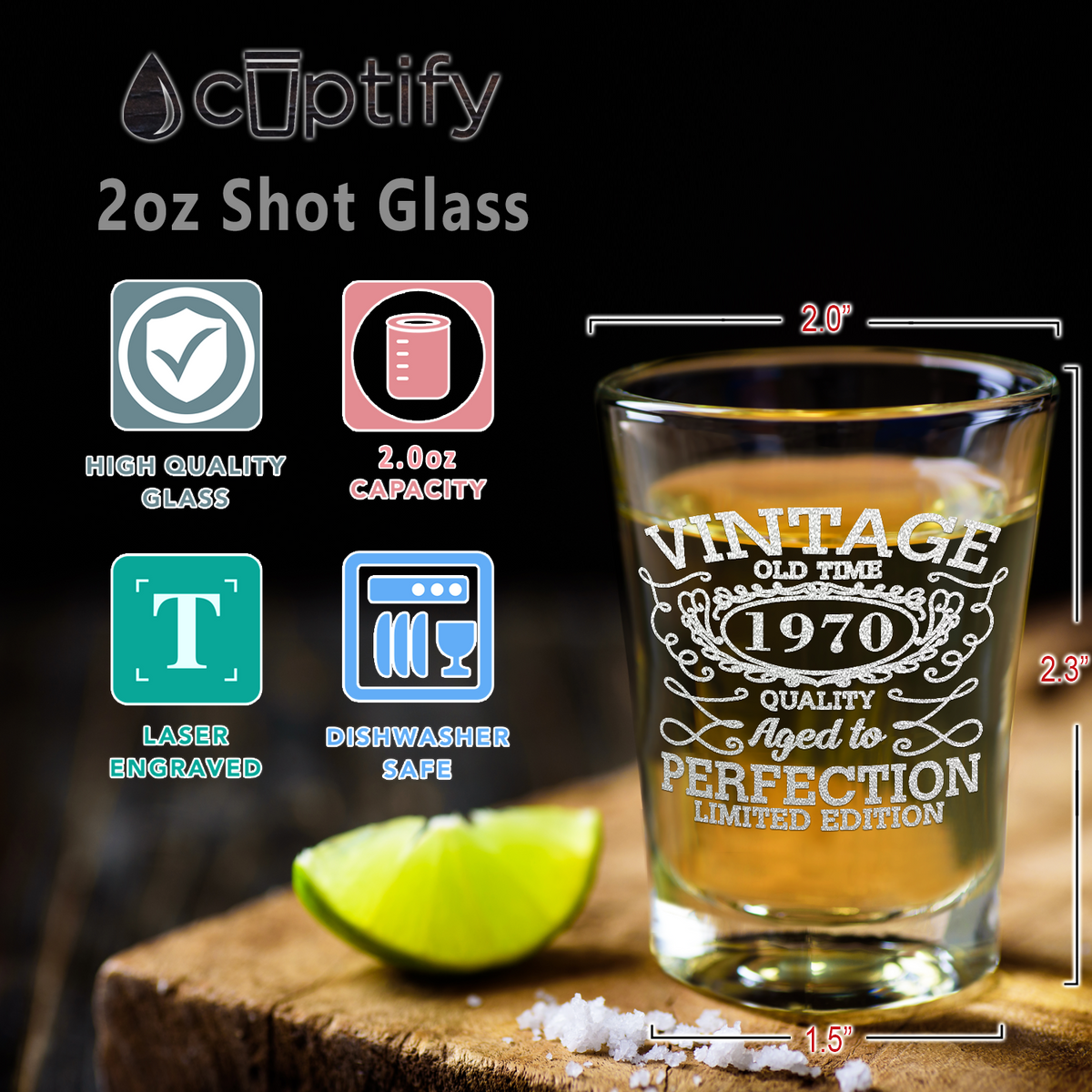 51st Birthday Vintage 51 Years Old Time 1970 Quality Laser Engraved 2oz Shot Glasses - Set of 2