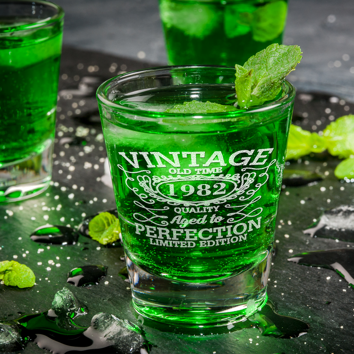39th Birthday Vintage 39 Years Old Time 1982 Quality Laser Engraved 2oz Shot Glasses - Set of 2