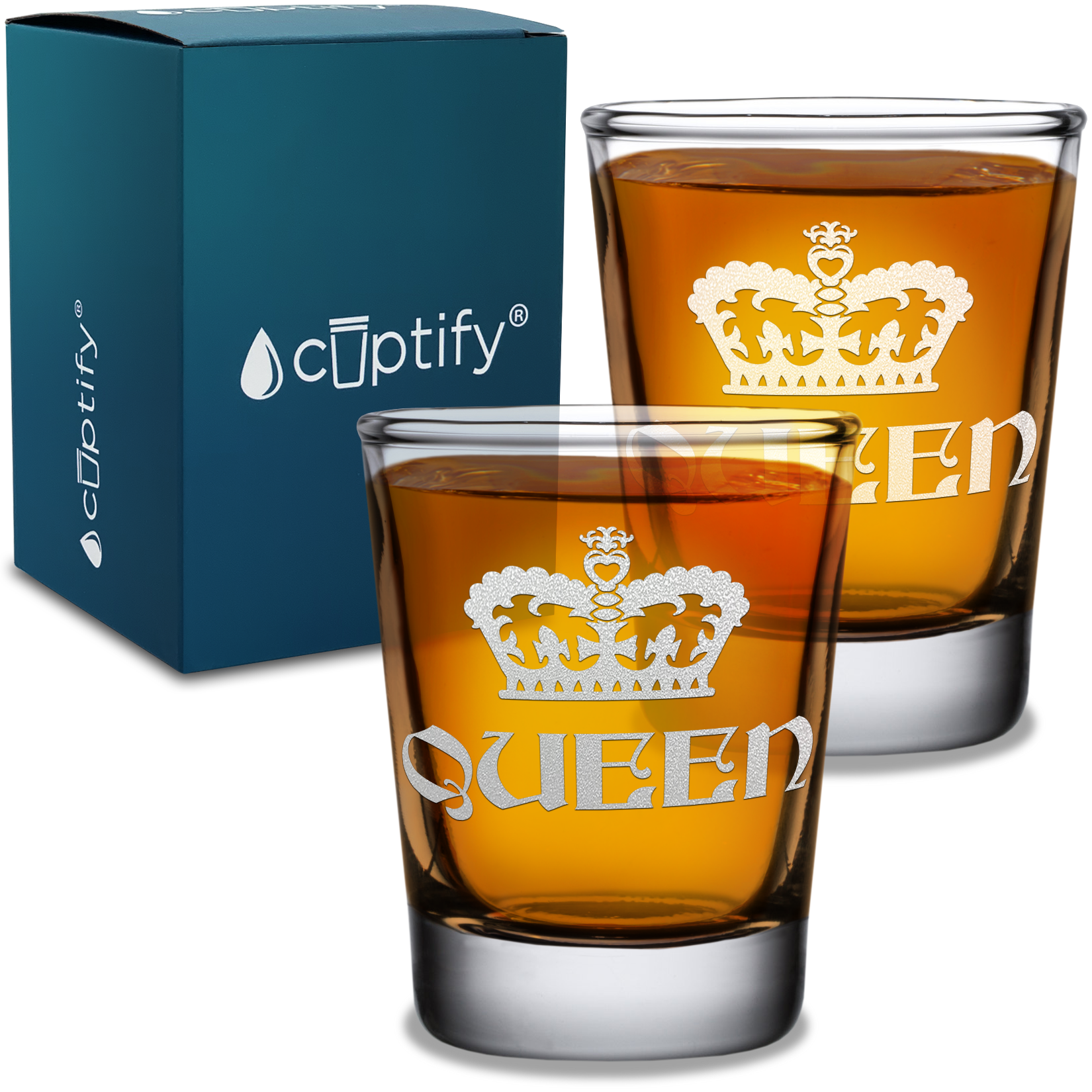  Queen Crown Etched on 2oz Shot Glasses - Set of 2