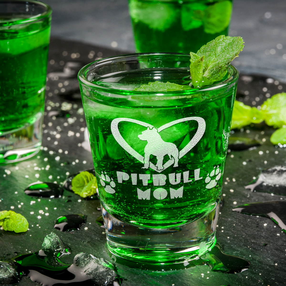  Pitbull Mom Etched on 2oz Shot Glasses - Set of 2